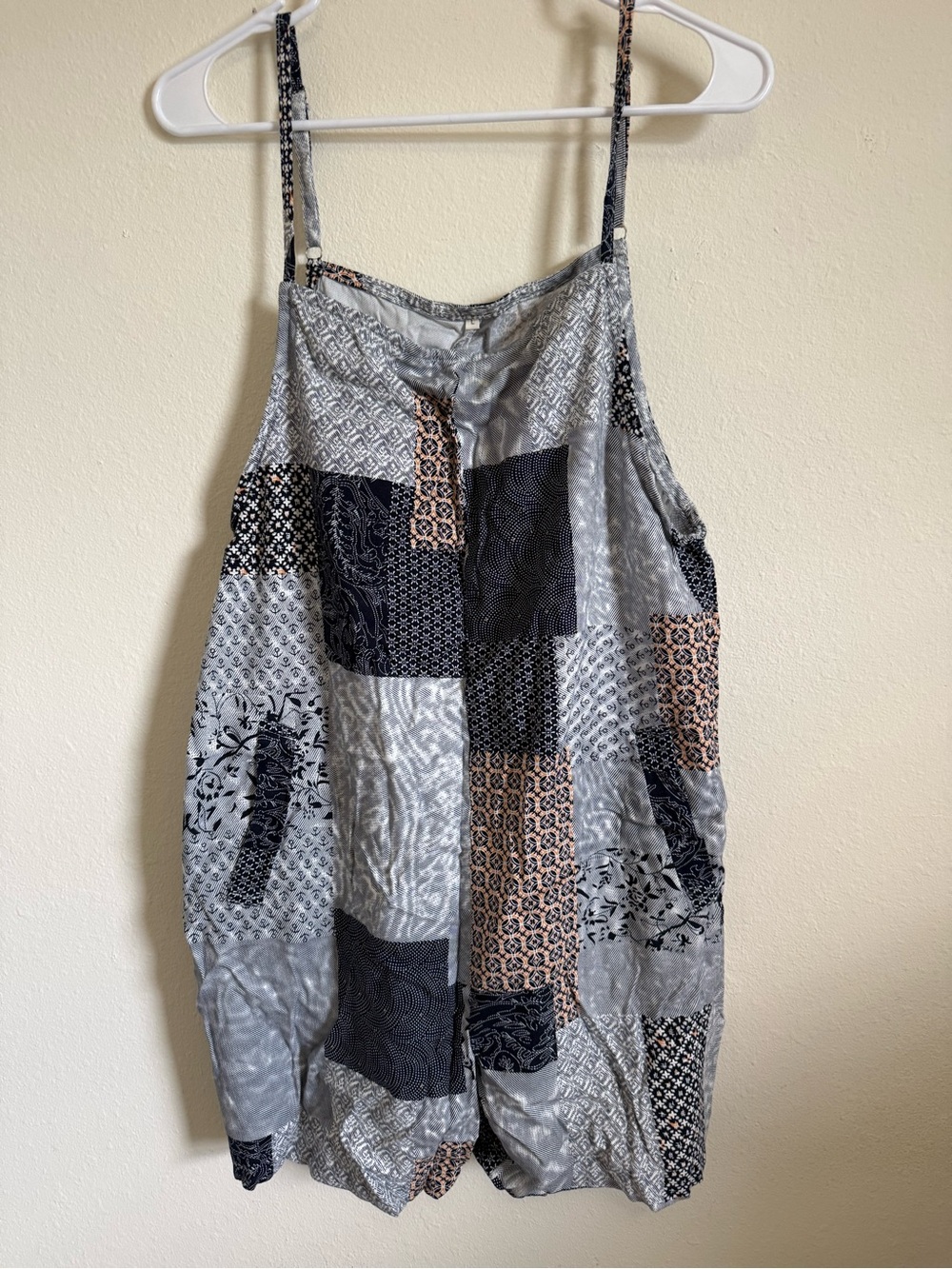 Patchwork Print Spaghetti Strap Romper- Gray & Black